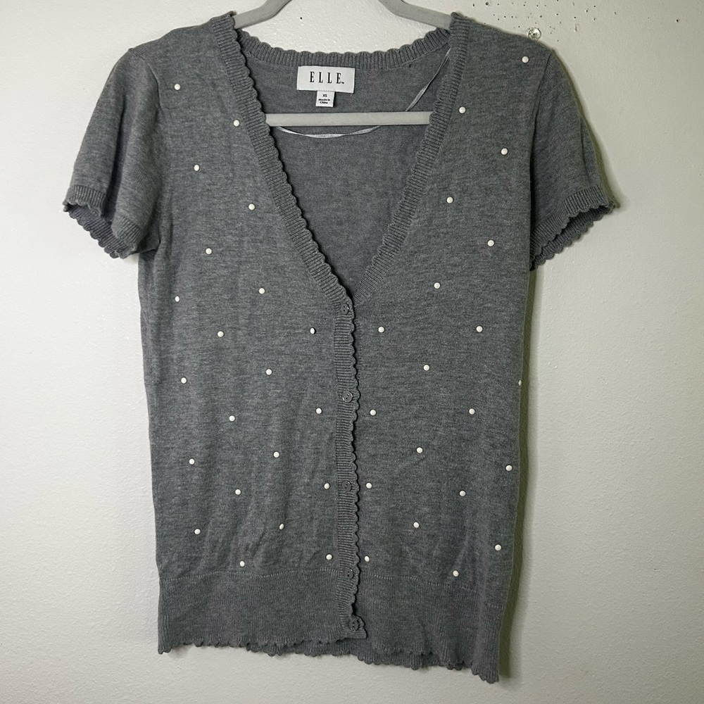 Elle scalloped edge white polka dot short sleeve cardigan top
